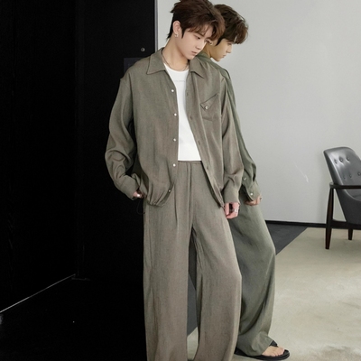 特大码棉麻衬衫男外套秋冬季穿搭一整套高级感痞帅男装青少年套装