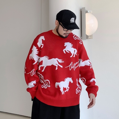 本命年马年衣服提花毛衣男冬季加厚保暖氛围感内搭打底大码针织衫