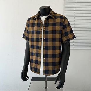 美式大码复古格子衬衫男黄格上衣夏季男生黄色格格衬衣男款外套衫