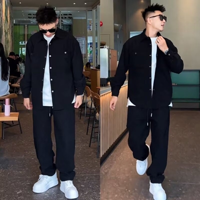 大码灯芯绒衬衫男士春秋季套装青少年男装穿搭一整套高级感痞帅气