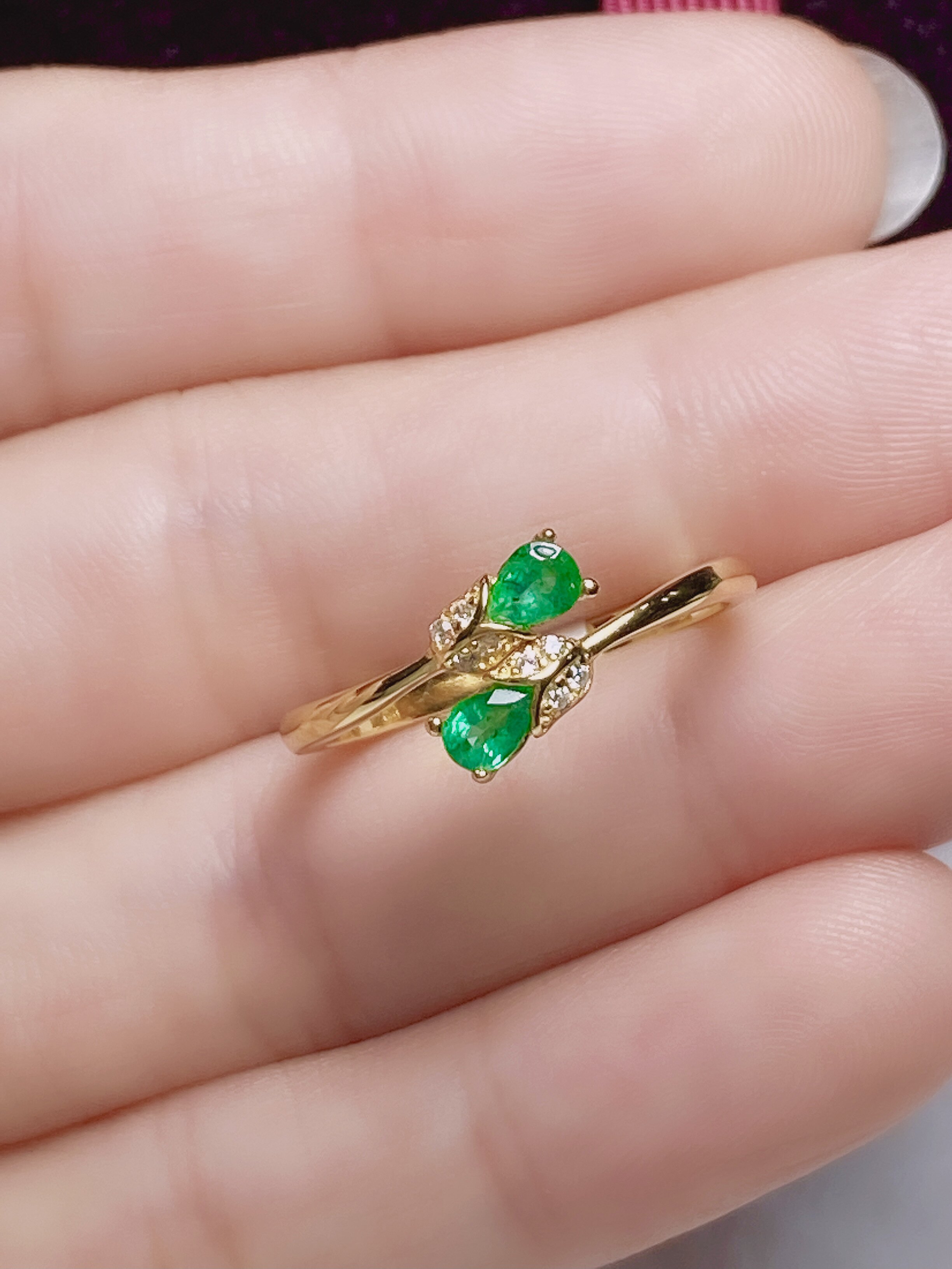 3x4水滴天然祖母绿戒指女款925银镶嵌绿色戒黄金色女戒清新时尚款