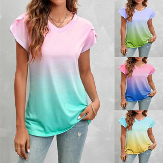 summer women T shirt casual ladies blouse tops女士花瓣袖上衣