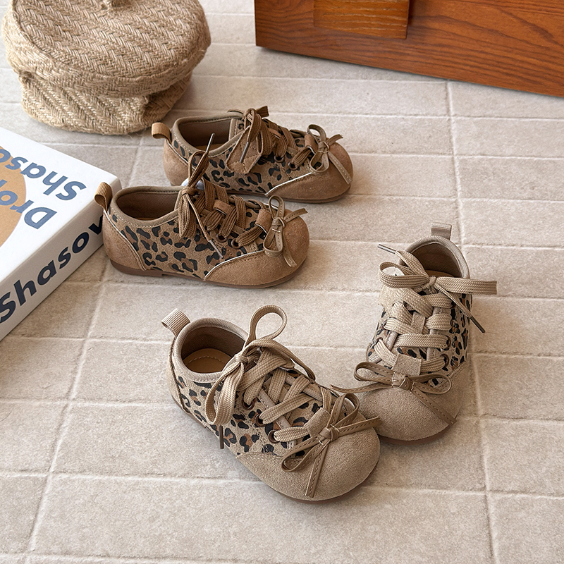 儿童德训鞋2025秋季新款韩版女童豹纹蝴蝶结阿甘鞋男童跑步鞋185