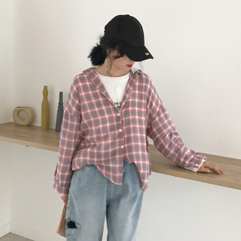 Real price spring new Korean loose casual hooded long sleeve shirt large letter Plaid Shirt women's coat