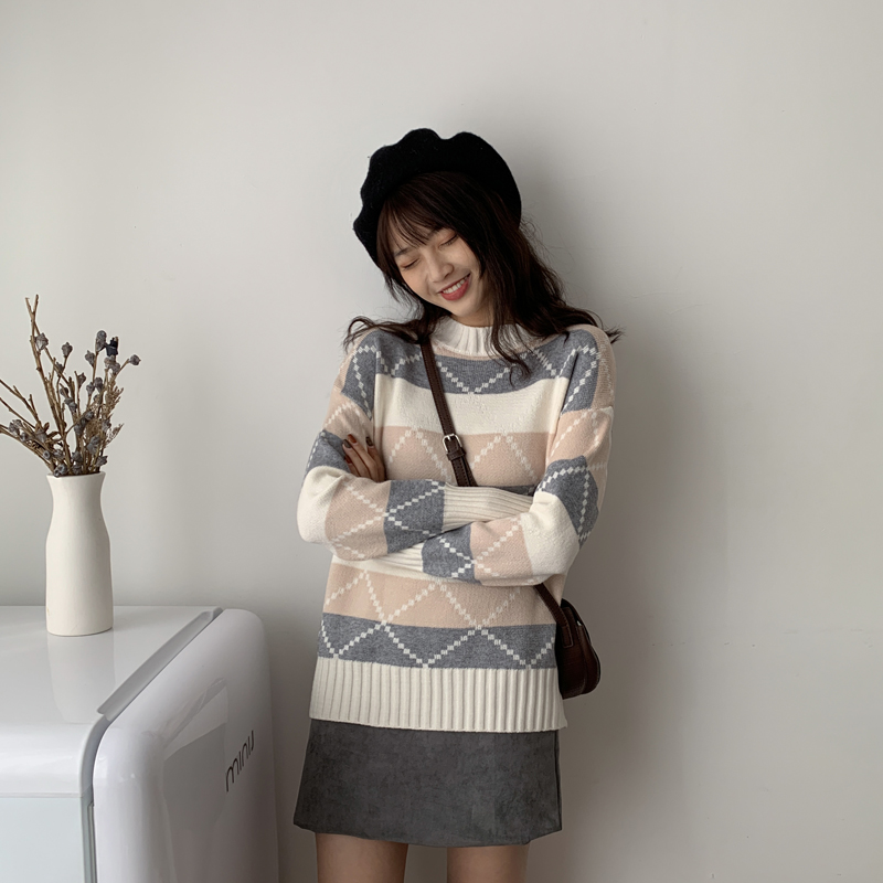 Real price autumn and winter Pullover long sleeve sweater women's loose half high collar color matching sweater top