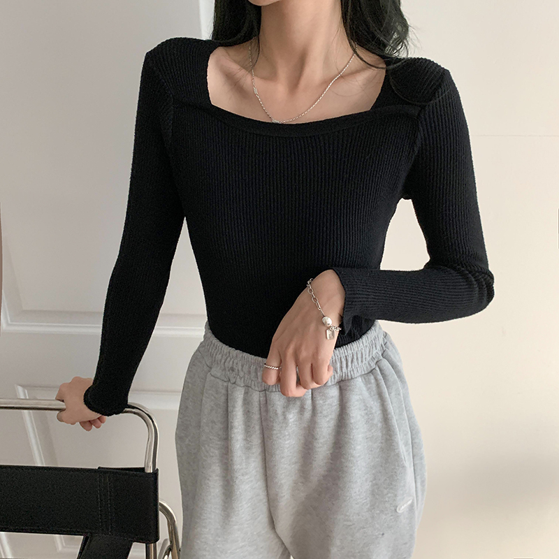 Real shot real price autumn and winter new Korean version slim square collar long sleeve sweater for female students