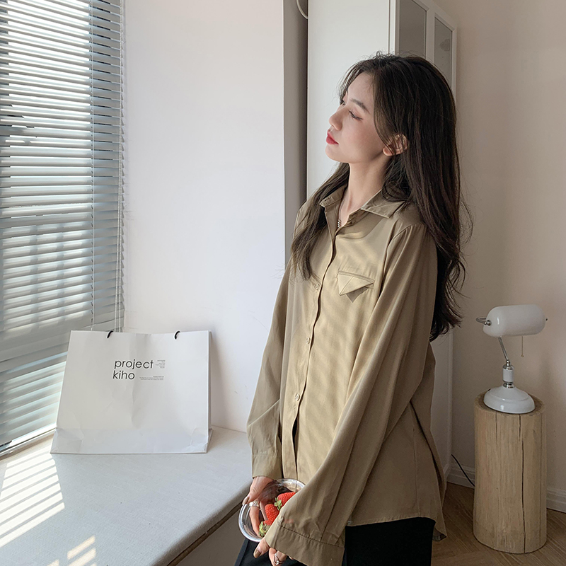 Real shot real price spring new Korean loose design niche long sleeve shirt women's solid color shirt