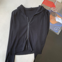New autumn solid color knitwear short cardigan hooded zipper long sleeve short jacket woman