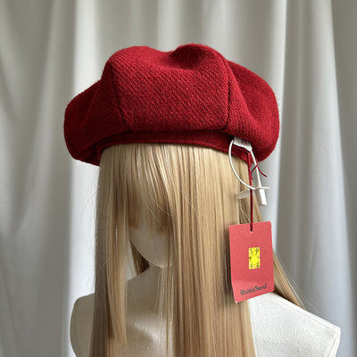 红色本命年加大八角贝雷帽显脸小HarrisTweed哈里斯高级感粗花呢