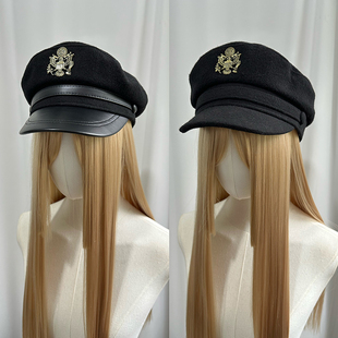 24秋冬海军风新款羊毛英伦复古船长帽女时尚显脸小鸭舌帽鹰头款潮