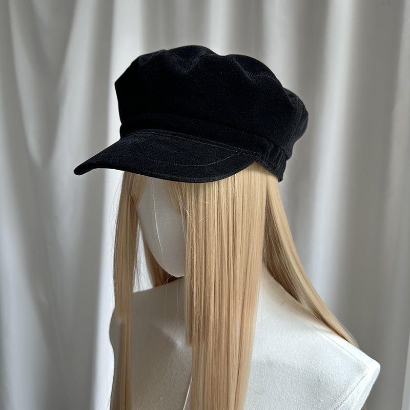 秋冬丝绒黑色宽檐报童帽平顶水手帽子女高级感穿搭纯色海军风复古