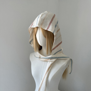 极简风条纹连帽一体春夏加长系带头巾帽慵懒氛围感穿搭薄款遮阳帽