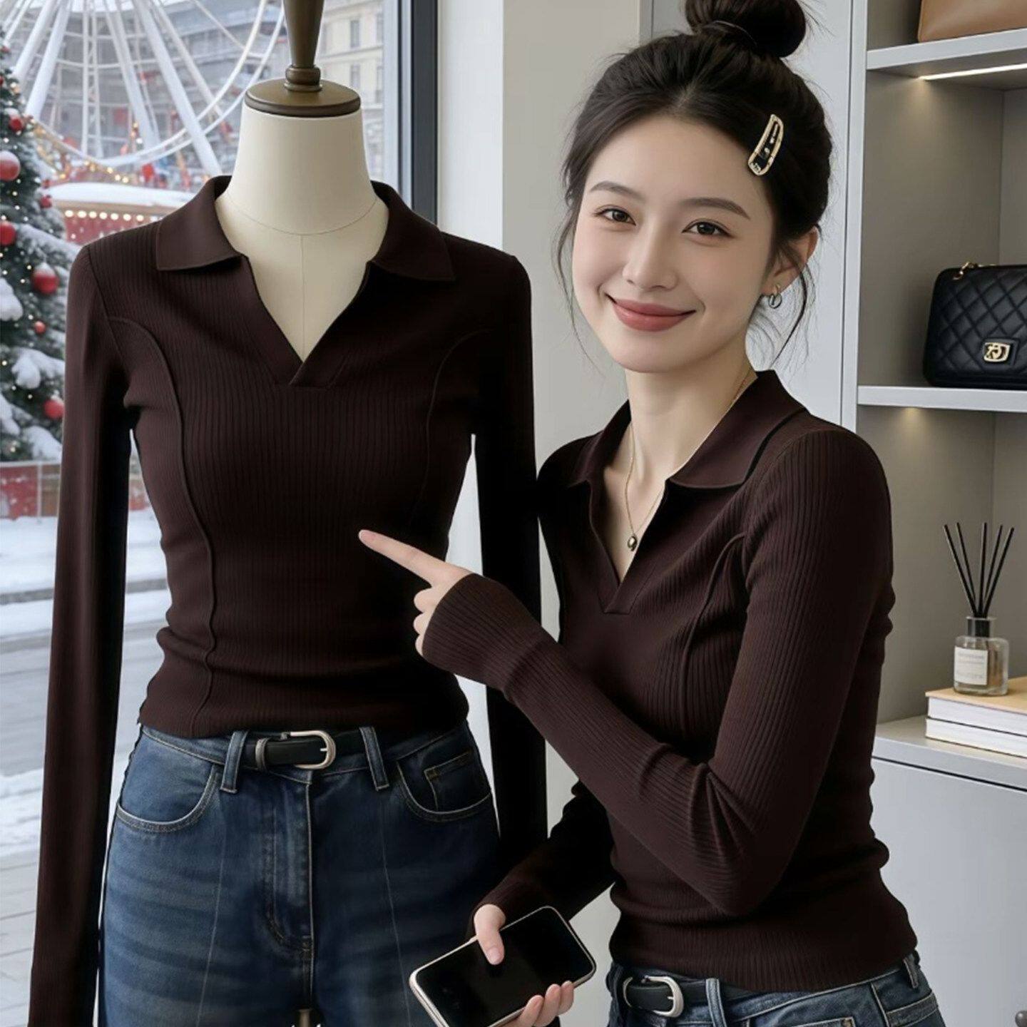法式复古Polo翻领显瘦针织衫女