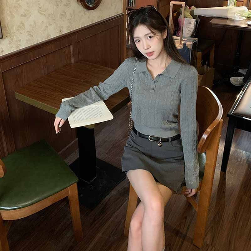 麻花POLO领短款打底针织衫女