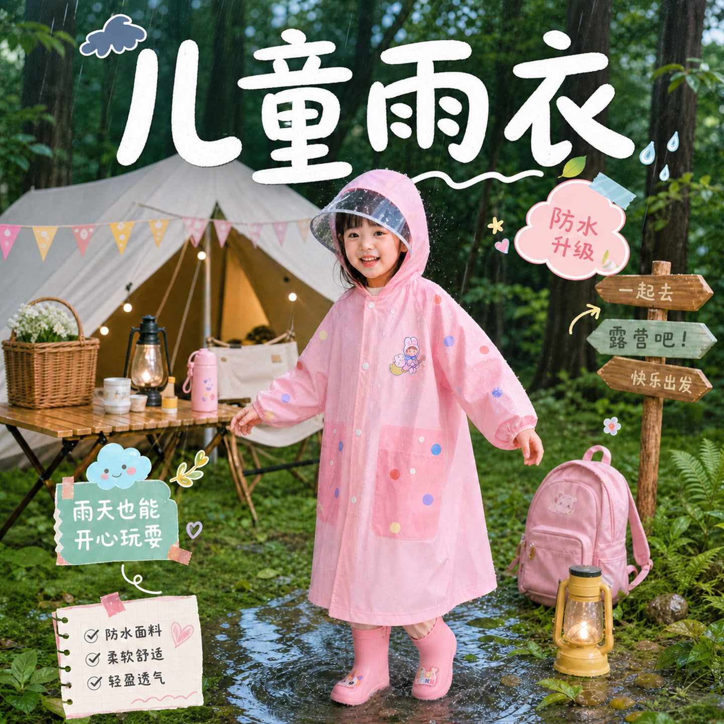 彩色圆点按扣雨衣女孩子小学生飞天扫帚宇航员雨披印花书包位防雨