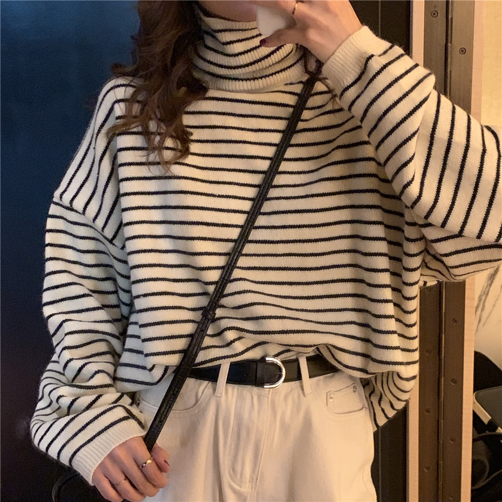 Real shot high collar striped T-shirt women's Korean version autumn and winter fashion Pullover loose casual sweater