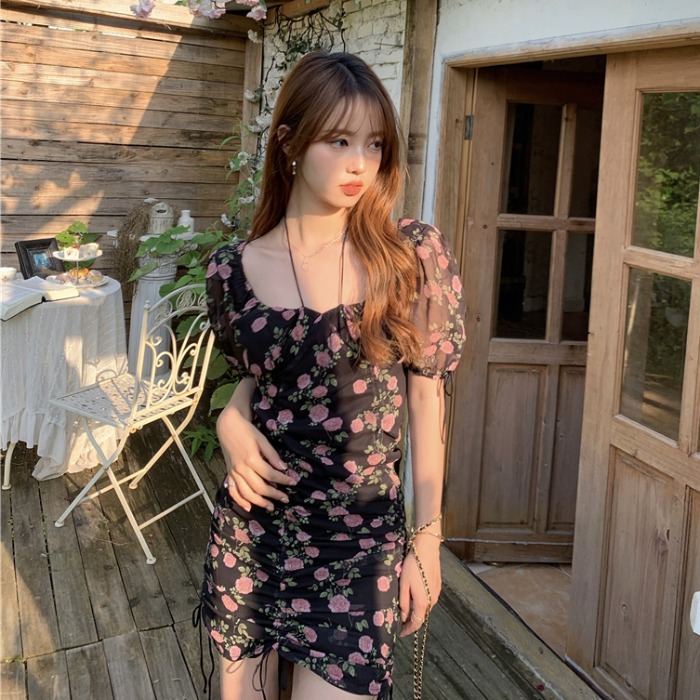 Real shot lace up drawstring contrast floral skirt