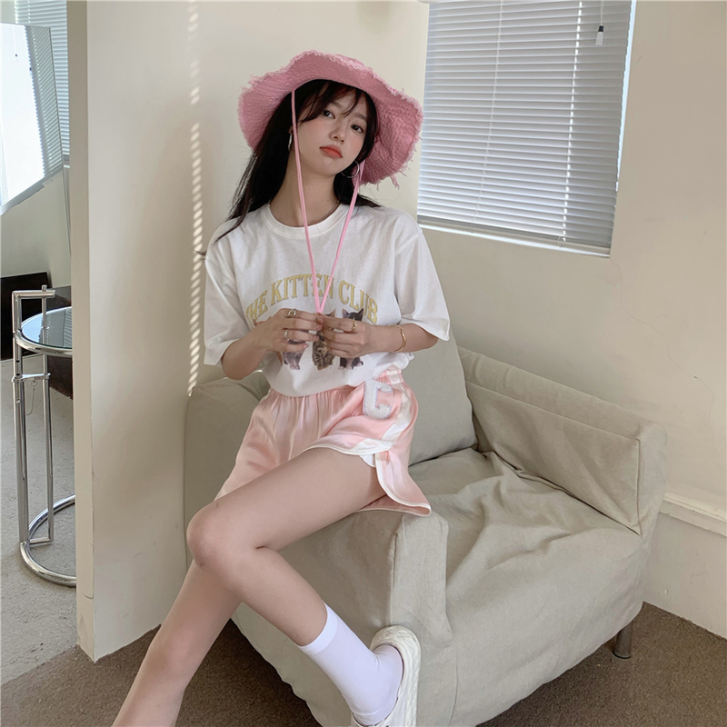 Real cat letter print tee + letter split shorts