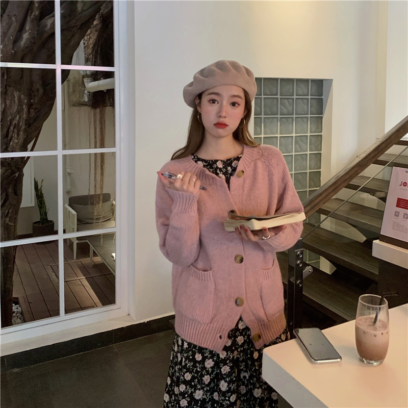 Solid color pocket loose Crew Neck Sweater + girl Floral Dress