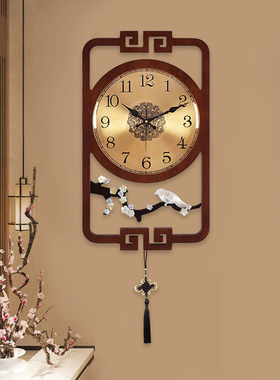 新中式挂钟客厅中国风实木古典时尚时钟大气挂墙家用钟饰贝壳挂表