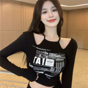 打底上衣冬 露锁骨修身 秋装 小性感露肩紧身t恤女士挂脖显胸大短款