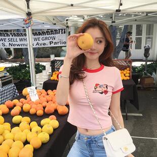 ins夏天粉色小清新高腰露脐短袖t恤女学生短款撞色紧身半袖上衣潮