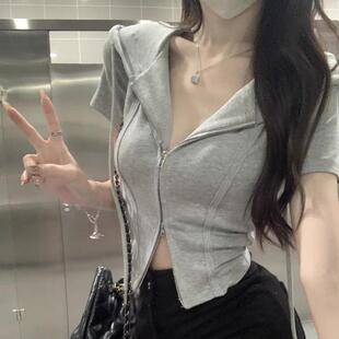 ins风短款连帽t恤外套女学生夏天百搭双拉链紧身收腰露脐短袖上衣