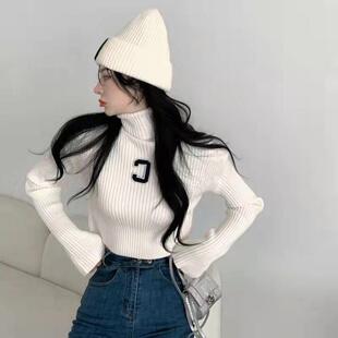 秋冬高领毛衣女士紧身两翻领短款露脐针织衫洋气百搭打底外穿上衣