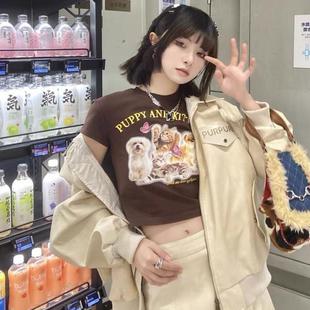 高腰露脐辣妹短袖 紧身短款 上衣 t恤少女学生夏装 bm风复古印花美式