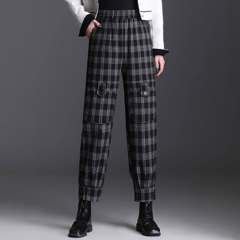 新款格子裤女秋冬季时尚加绒加厚哈伦裤高腰显瘦女裤宽松直筒裤子