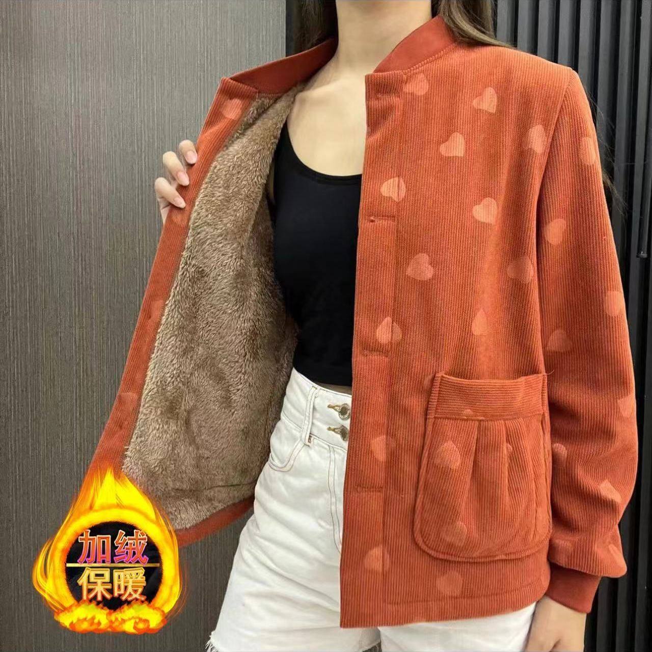 时尚妈妈秋冬装新款外套女加绒加厚夹克灯芯绒百搭中老年女装上衣
