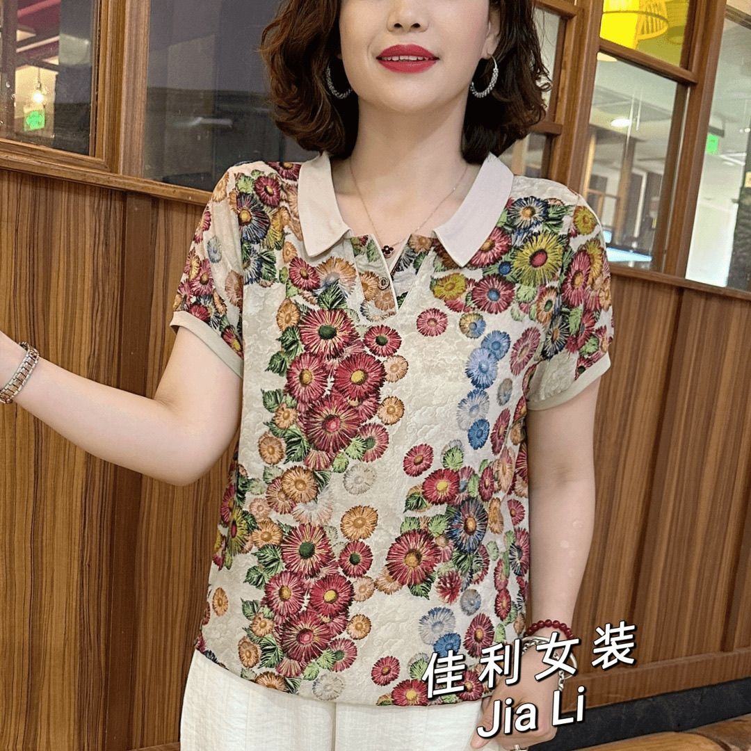 夏季新款碎花翻领短袖女时尚气质百搭上衣中年妈妈装休闲T恤小衫