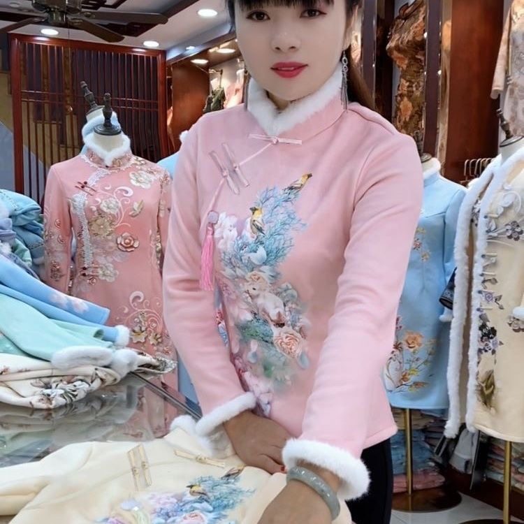 新款秋冬季时尚洋气百搭长袖卫衣女改良旗袍加绒加厚复古盘扣上衣