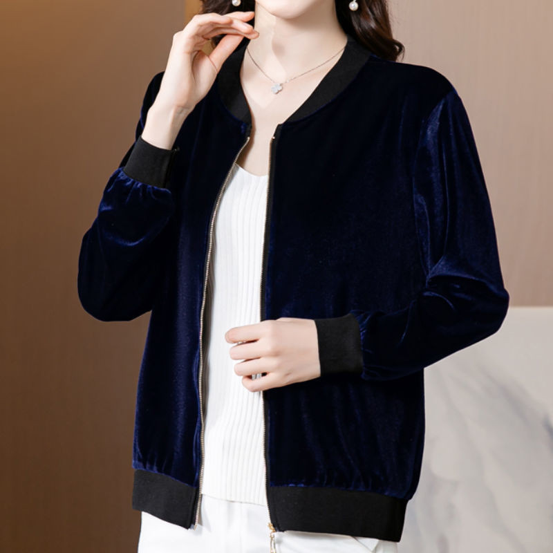 高端金丝绒外套女时尚上衣新款春秋季中年妈妈丝绒棒球服休闲夹克