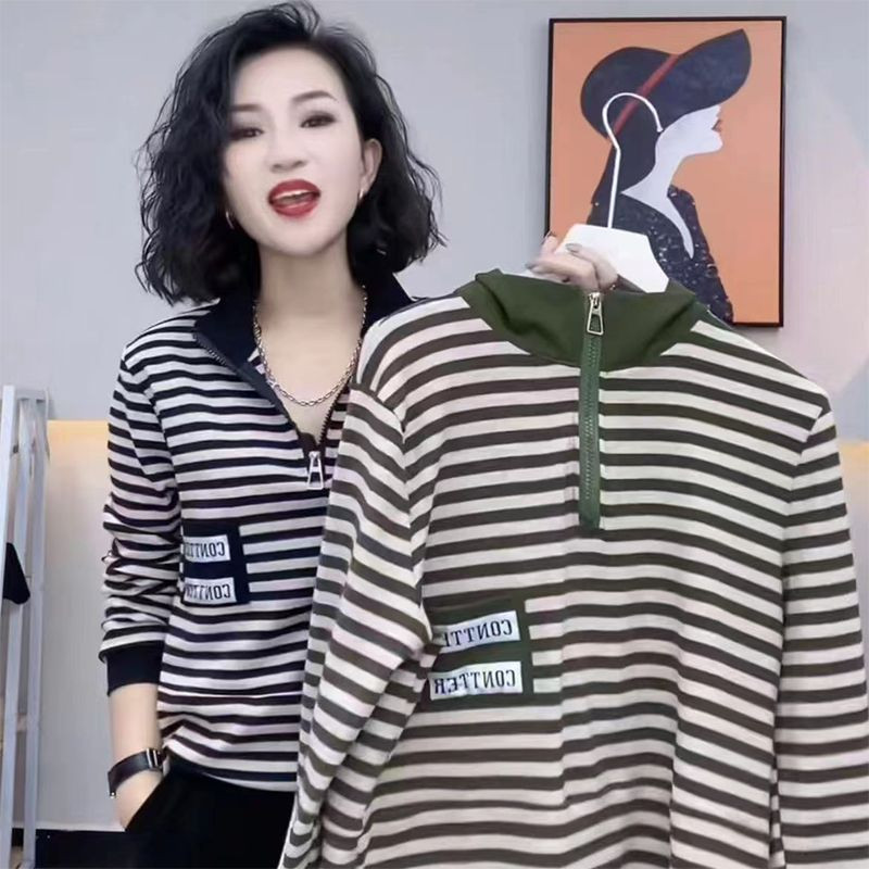 洋气女装条纹长袖T恤春秋季中年妈妈装宽松卫衣衫中老年小衫上衣