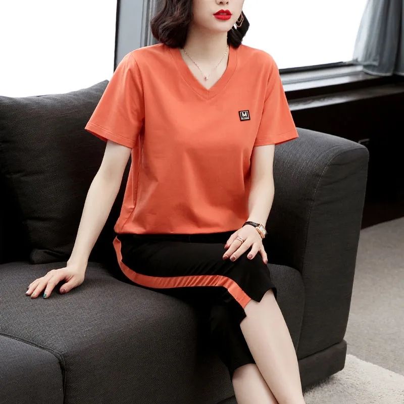 休闲运动套装女夏季新款短袖大码女装中年妈妈休闲裤运动服两件套