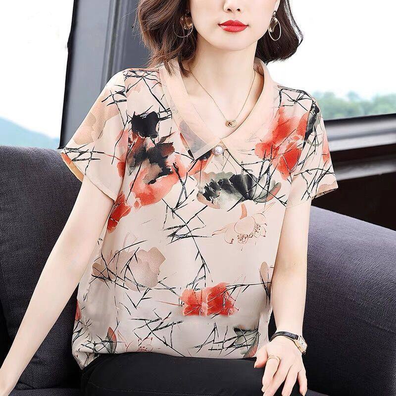 新款娃娃领雪纺小衫短袖T恤女中年夏季印花韩版洋气减龄女士上衣