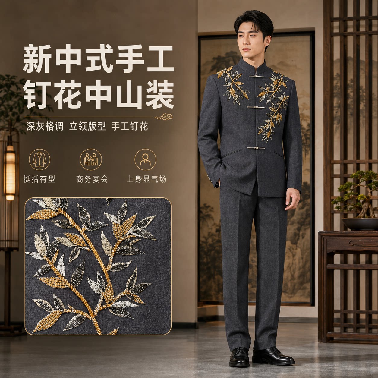 新中式男装西服套装立领中山装中国风钉花新郎订婚服高级感西装男