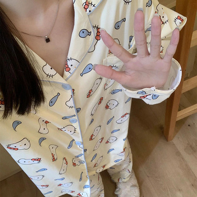 日系ins可爱卡通Kitty猫咪睡衣女春秋季新款凯蒂猫长袖长裤家居服