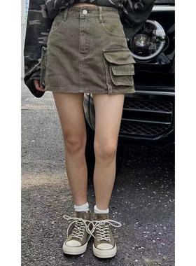 诗歌兰女装2025早秋新款 93060复古街头美式高腰半裙口袋工装裙女