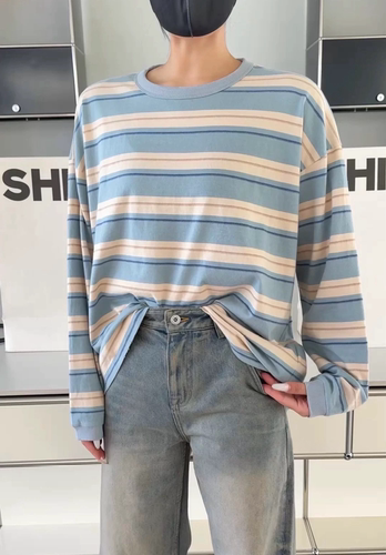 诗歌兰26秋季新款 97829韩系简约时髦校园风长袖条纹圆领T恤女