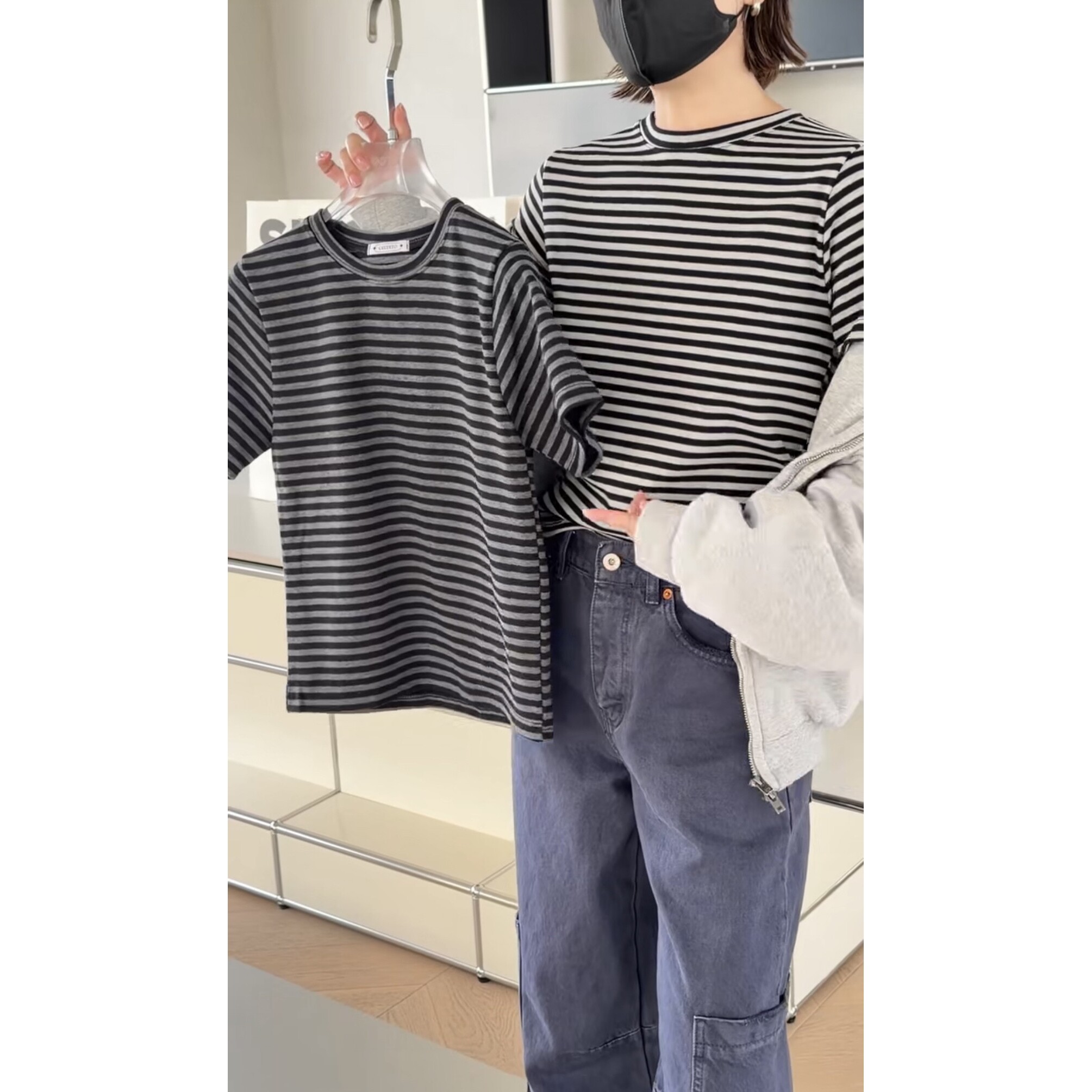 诗歌兰2026早春款81702时尚百搭宽松休闲圆领短袖条纹T恤女