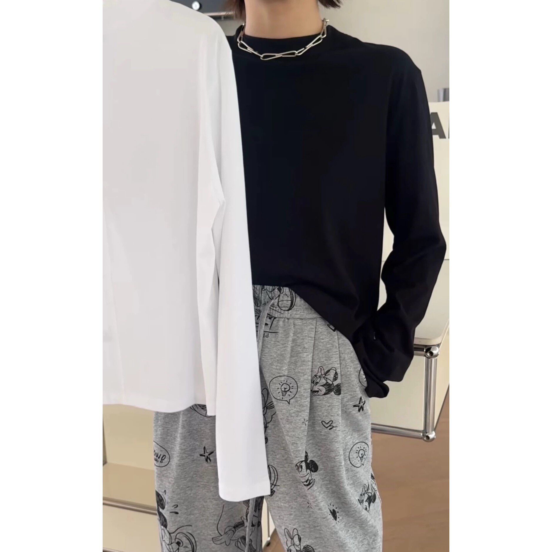 秒发诗歌兰332408极简休闲潮流圆领长袖后中线显瘦T恤女25秋新款