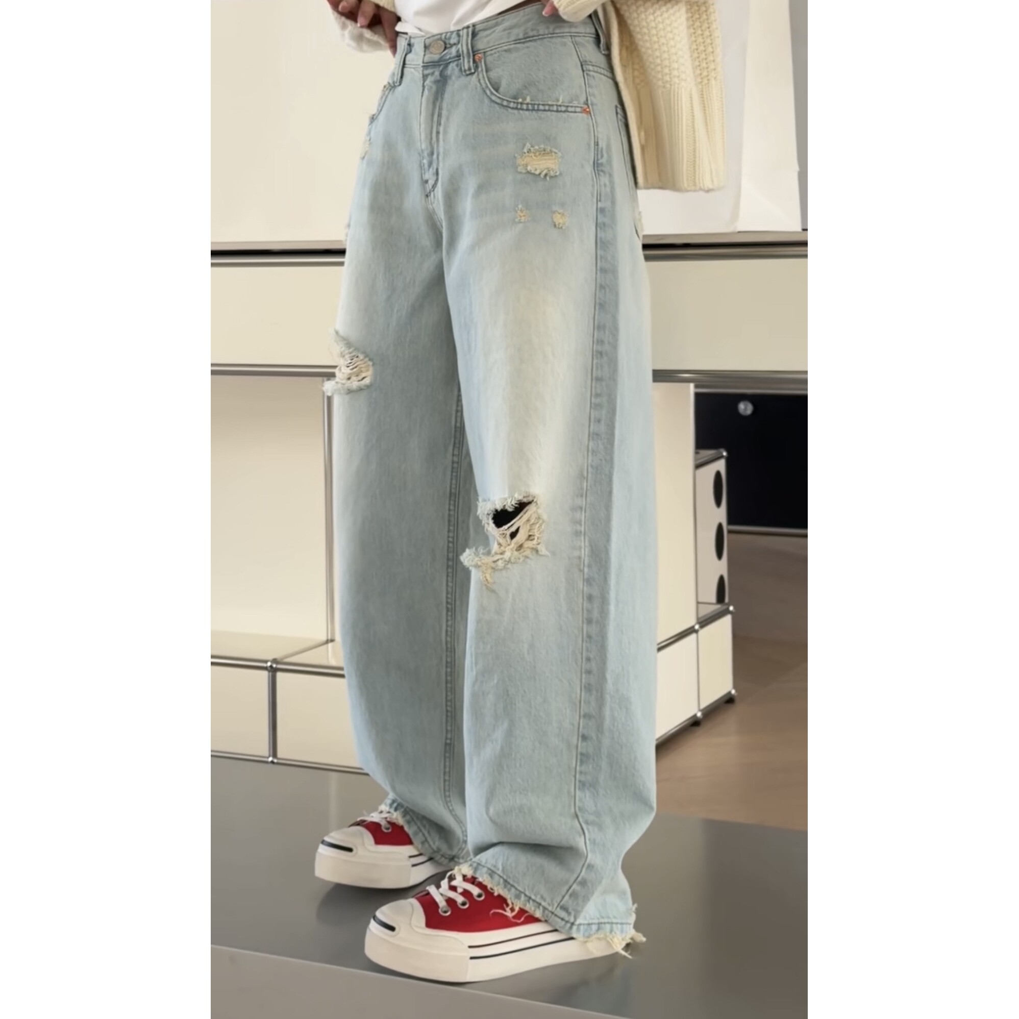 现 H7140破洞牛仔裤诗歌兰女装2026春款洋气水洗感宽松直筒休闲裤