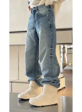 秒发诗歌兰2025新款15299美式个性复古气质靴裤小直筒薄绒牛仔裤