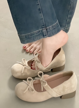 磨砂皮玛丽珍鞋女2026春季新款粗跟蝴蝶结配裙子软底内增高芭蕾鞋