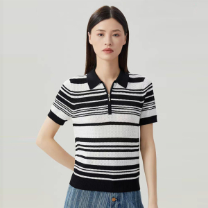 白领哥弟新2024夏季新款拼色条纹针织衫短袖t恤女POLO上衣A301201
