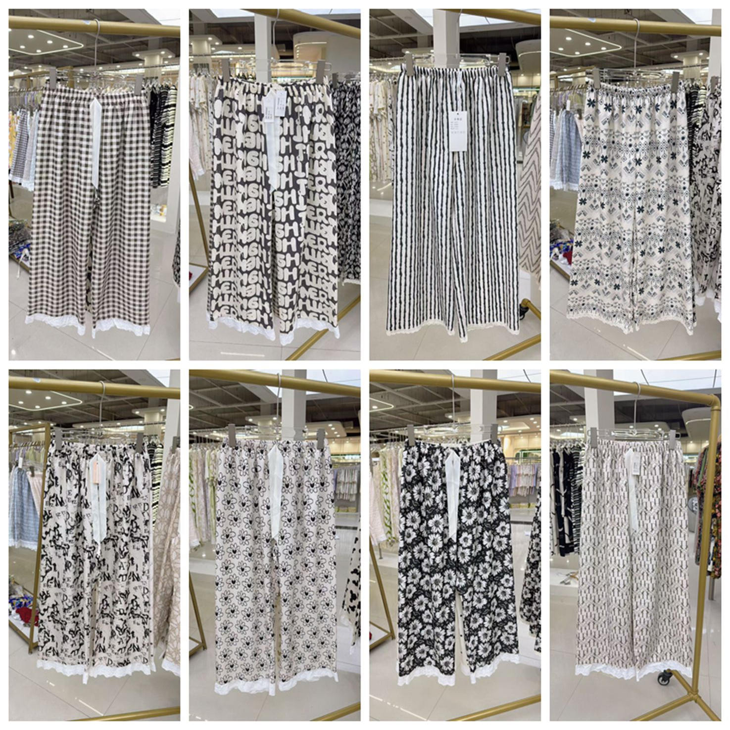 韩系夏季女款花边甜美家居裤棉麻纯棉阔腿九分裤休闲裤睡裤可外穿