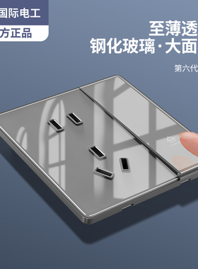TEP国际电工超薄灰色钢化玻璃开关插座面板家用一开5五孔16A空调