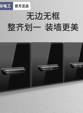 TEP国际电工黑色钢化玻璃拨杆LED复位开关面板16a空调墙壁5孔插座